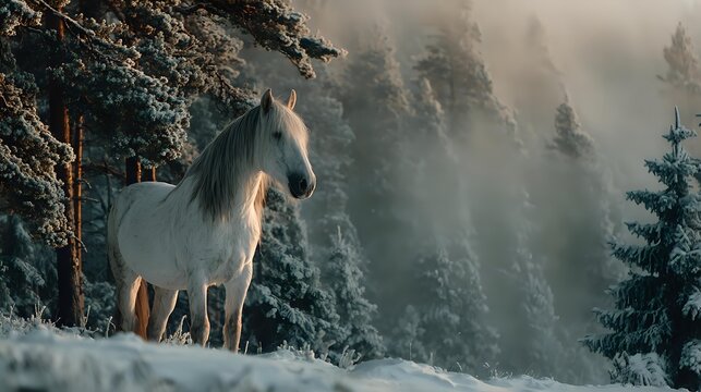 Majestic white horse standing in snowy winter forest with sunbeams filtering through misty pine trees at dawn.