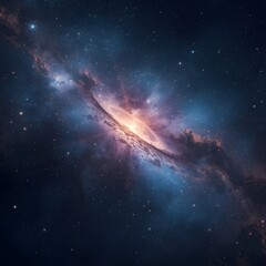 A luminous galaxy with a bright core, swirling nebulae, and cosmic dust in deep space, painted in shades of blue, purple, and gold.