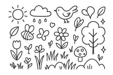 Naklejka premium Spring Meadow Doodles. Spring meadow. Hand-drawn doodle illustration Spring meadow flower, sprout, bee, butterfly, leaf, sun, bird, cloud, grass, droplet,
