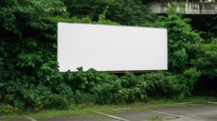 Transparent a blank white billboard is surrounded by lush green foliage and trees, suggesting an outdoor advertising space in a natural setting mockup