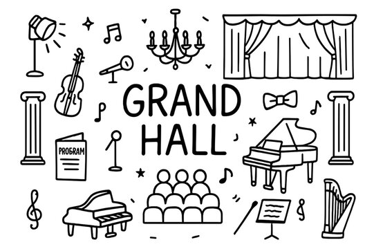 Grand Hall Doodle Outline. Grand Hall. Hand-drawn doodle illustration of Grand Hall. chandelier, stage,