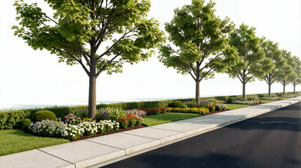 3D render of a road greening asset on a white background, featuring uniform street trees, diverse colorful shrubs in the median, a sidewalk, and an asphalt road.
