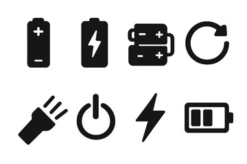 Battery Icons Grid. Power and batteries. Filled icon set of power and batteries: AA battery, rechargeable