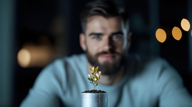 Young bearded man in casual attire observing small green plant sprouting from coins, symbolizing financial growth and investment in dark setting with bokeh lights.