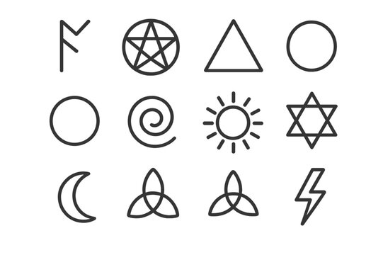 Mystical Rune Symbols. Mystical runes. Line icon set of mystical runes: elder futhark rune, pentagram, triangle symbol, circle symbol, spiral, sun symbol, moon