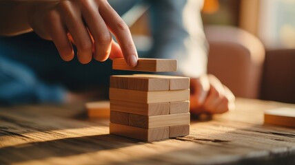 Close up of hands carefully stacking wooden blocks on a table
