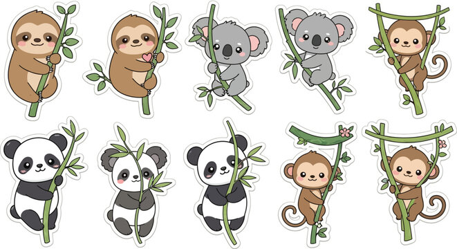 Cute jungle animals stickers set cartoon vector illustration isolated design