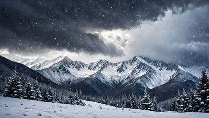 Dramatic Winter Landscape with Snow-Capped Mountains and Dark Stormy Skies