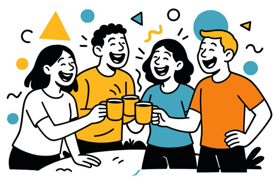 Cheerful Coffee Clink. Laughing in a Group. People outdoors clinking coffee cups and laughing with floating abstract geometric shapes, cheerful and social