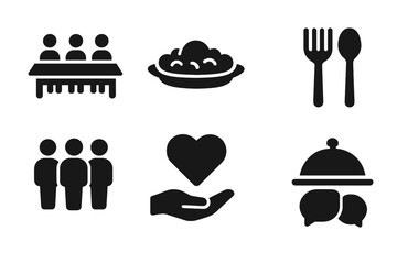 Food Sharing Icons. Food sharing culture. Filled icon set of food sharing culture: communal table, shared
