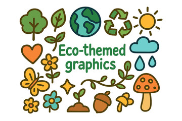 Fototapeta premium Eco-Themed Doodle Art. Eco-themed graphics. Hand-drawn doodle illustration of eco-themed graphics. Tree, leaf,