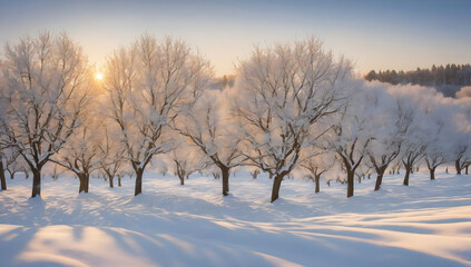 Sunrise Illuminating Snow-Covered Orchard in a Winter Landscape