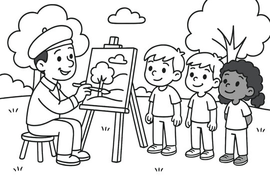 Kids Watch Artist. Art appreciation children?s coloring book illustration, outlined drawing, curious children