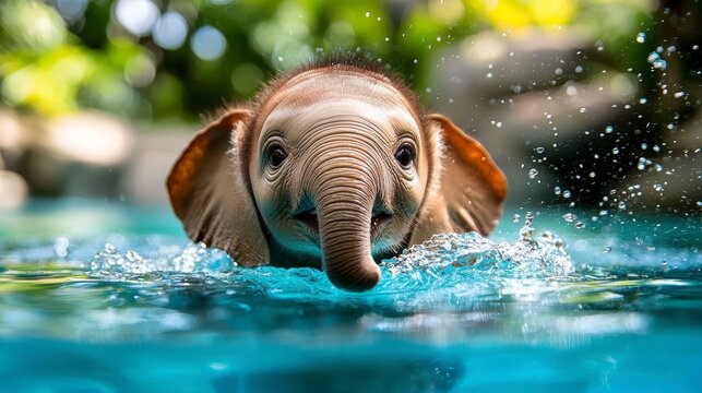 Playful baby elephant swimming in crystal clear water tropical paradise wildlife photography serene environment close-up perspective