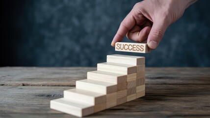 Hand placing final block labeled success on wooden stairs