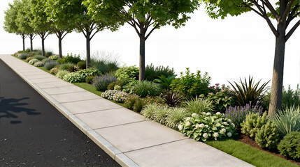 Obraz premium 3D render of a road greening asset on a white background, featuring uniform street trees, diverse colorful shrubs in the median, a sidewalk, and an asphalt road.
