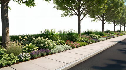 3D render of a road greening asset on a white background, featuring uniform street trees, diverse colorful shrubs in the median, a sidewalk, and an asphalt road.