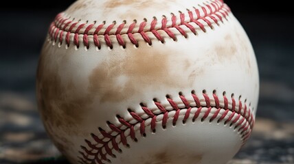 Close up of a well used baseball with red stitching on a dark background