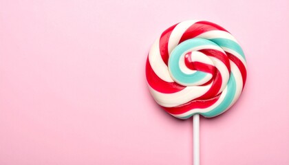 Swirled lollipop with red, white, and blue on a pink background.