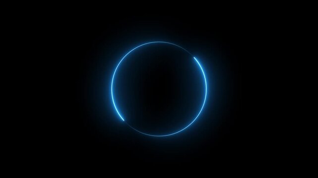 Circular loading animation with neon cyan color on black background, glowing progress indicator loop, digital buffer symbol, futuristic data process, system loading screen concept