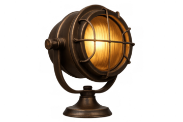 Vintage industrial spotlight creating warm illumination on antique metal fixture with retro steampunk design