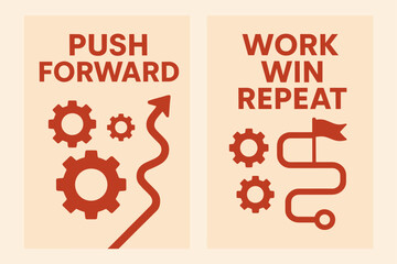 Push Forward Banners. Push forward. Two vertical A6 banners with safe margins, centered composition, no elements touching edges, flat vector design, red and