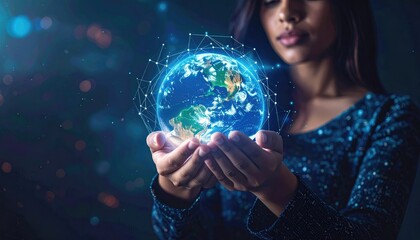 Woman Holding Glowing Earth Hologram in Hands with Digital Network Overlay Futuristic Technology Concept Blue and Green Lights Bokeh Background