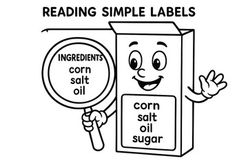Kids Ingredient Discovery. Reading simple labels children?s coloring book illustration, outlined drawing, a friendly box with a big ?ingredients? panel and