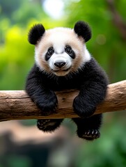 Obraz premium Playful panda cub climbing a branch in a lush green habitat wildlife photography nature exploration