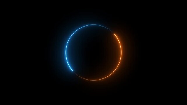 Circular loading animation with neon brown and cyan color on black background, glowing progress indicator loop, digital buffer symbol, futuristic data process, system loading screen concept