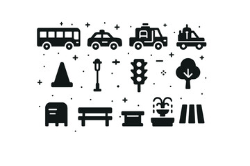 Naklejka premium LEGO City Icons. LEGO City Elements. Solid icons set of LEGO City Elements: bus, police car, fire truck, taxi, construction cone, lamppost, stoplight, tree,