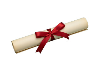 Formal rolled document tied with a red bow.