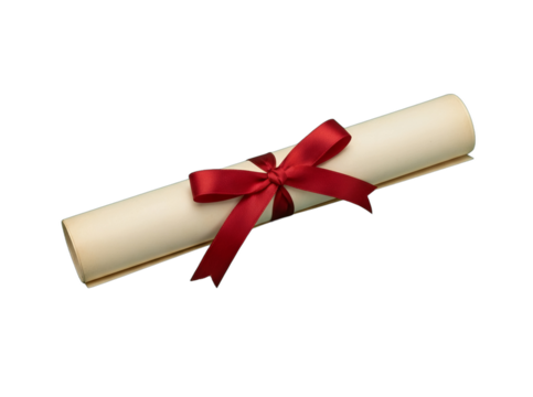 Formal rolled document tied with a red bow.