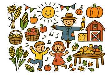 Naklejka premium Harvest Festival Celebration. Harvest festival. Colorful Hand-drawn doodle Children illustration Harvest festival wheat sheaves, corn, pumpkin, baskets, hay