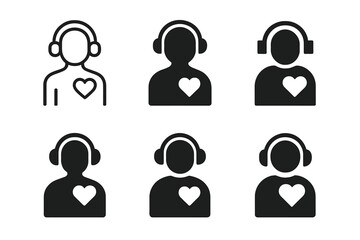 Music Therapy Icons. Music therapy for health. Set Logo of music therapy for health: patient with headphones and heart icon. Icon set. harmonious