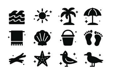 Beach Icon Set. Tide and Sand. Solid icons set of Tide and Sand: ocean waves, sand, sun, palm tree, beach umbrella, towel, seashell, bucket, footprints,