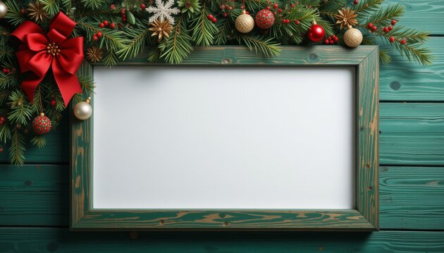 Rustikaler Weihnachtsrahmen auf gr&uuml;ner Holzwand mit Schleife und Kugeln schafft eine warme festliche Stimmung Generative KI