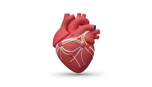 3D Clay-Style Red Heart Connected with Glowing Pastel Lines Between Nodes, Isolated on White Background