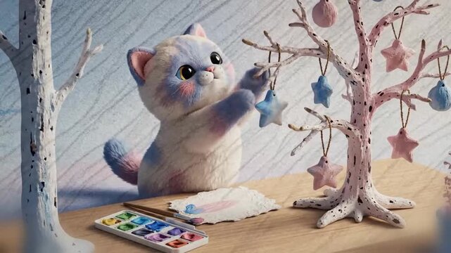 3d watercolor shaded kawaii scene of a plush kitten painting tiny watercolor ornaments and hanging them on a twig tree frame, top down slow pan