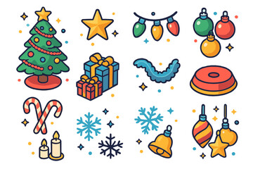 Fototapeta premium Festive Tree Icons. Yuletide tree. Colorful isometric vector icons set of yuletide tree: decorated Christmas tree, star topper, string lights, baubles, candy