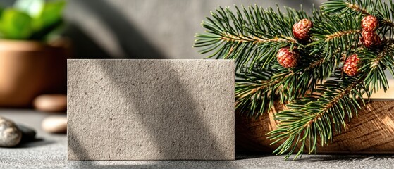 Blank kraft paper card with Christmas fir branch and pine cones on stone background in natural sunlight Generative AI