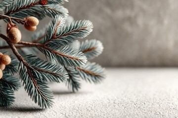 Blue spruce branch with natural pine cones on textured neutral background in soft winter lighting Generative AI