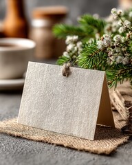 Rustic blank greeting card with textured paper and string on burlap with fir branches and white flowers Generative AI