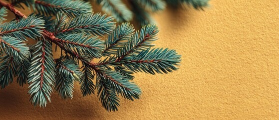 Blue spruce fir tree branch on textured yellow paper background with natural lighting and holiday atmosphere Generative AI