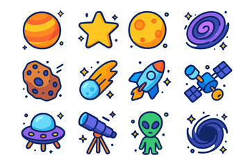 Fototapeta premium Colorful Space Icons. space objects. Colorful isometric vector icons set of space objects: planets, stars, moons, galaxies, asteroids, comets, rockets,