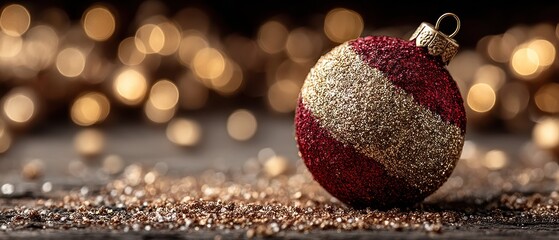 Red and gold glitter Christmas ornament ball on festive surface with glowing holiday bokeh lights in background Generative AI