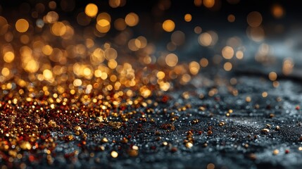 Golden glitter and bokeh lights scattered on dark textured surface creating festive holiday sparkle and abstract background Generative AI