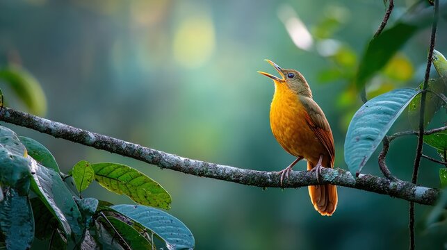 trumpet. Trumpet bird perched on a jungle branch at dawn, beak open, misty forest background. wildlife magazines, conservation campaigns, designed for wildlife conservation campaigns.