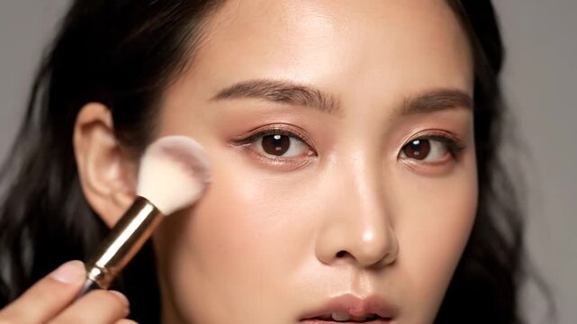 Close-up Beauty Tutorial: Applying Blush with a Soft Brush on a Model's Face