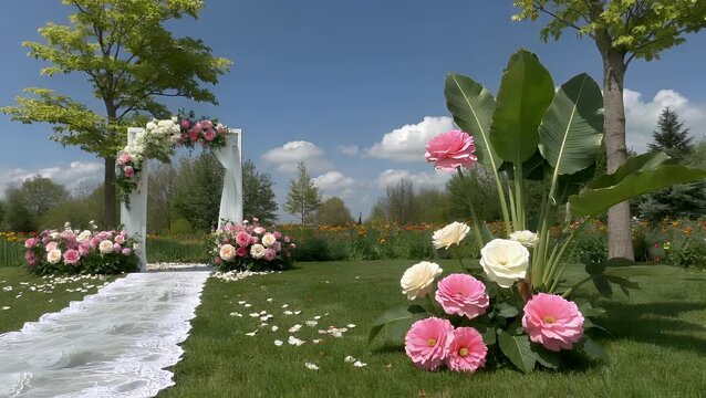 Decorative Arrangement Set for a Wedding Featuring an Assortment of Fresh and Delicate Spring Flowers in a Scenic